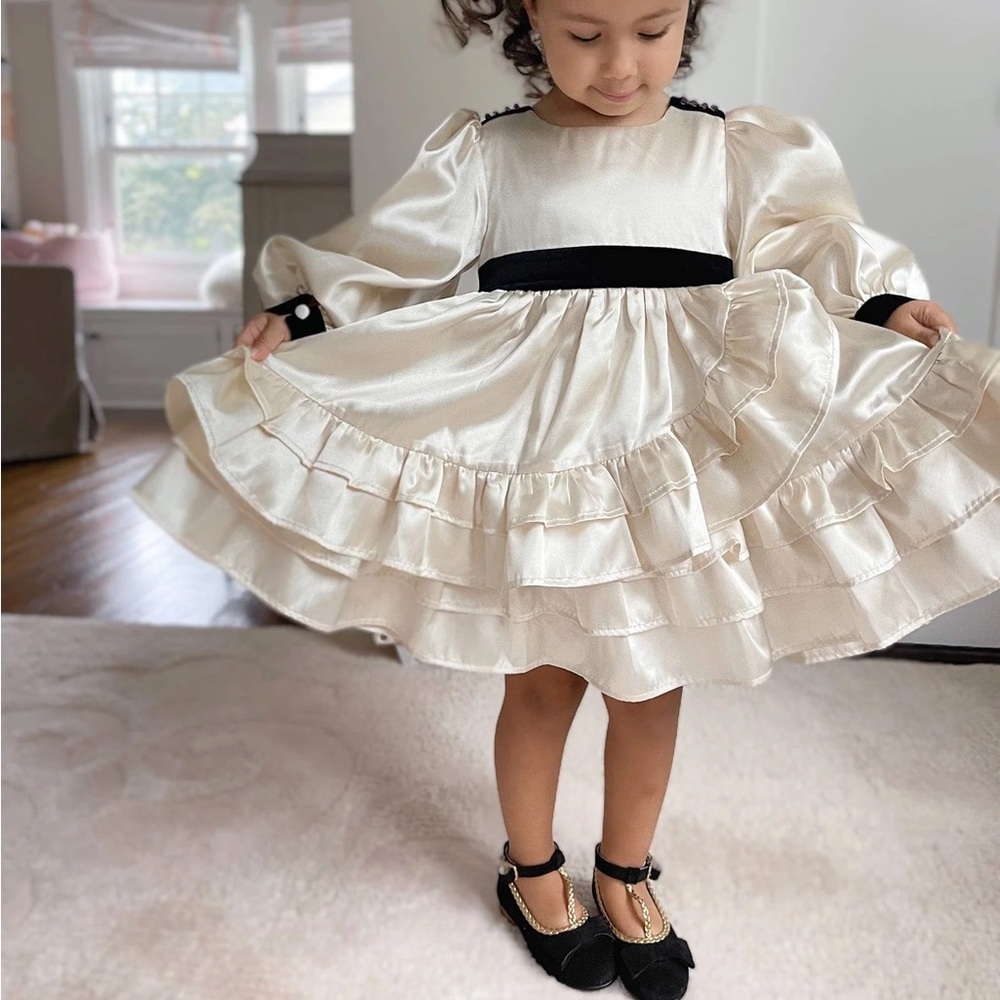Petite Maison girls satin silk dress champagne ruffle rosette